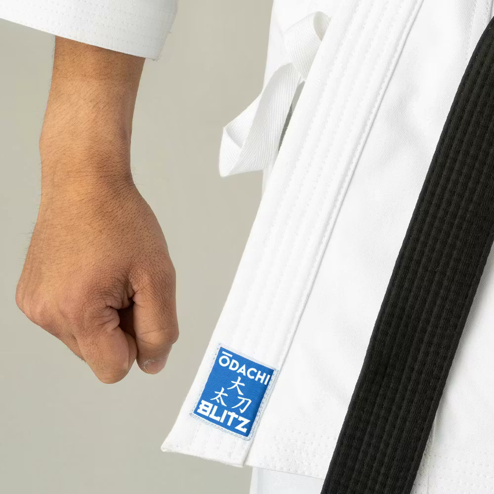 Blitz Kids Odachi Kata Karate Gi in white 14oz, featuring traditional design, suitable for young martial artists and training.