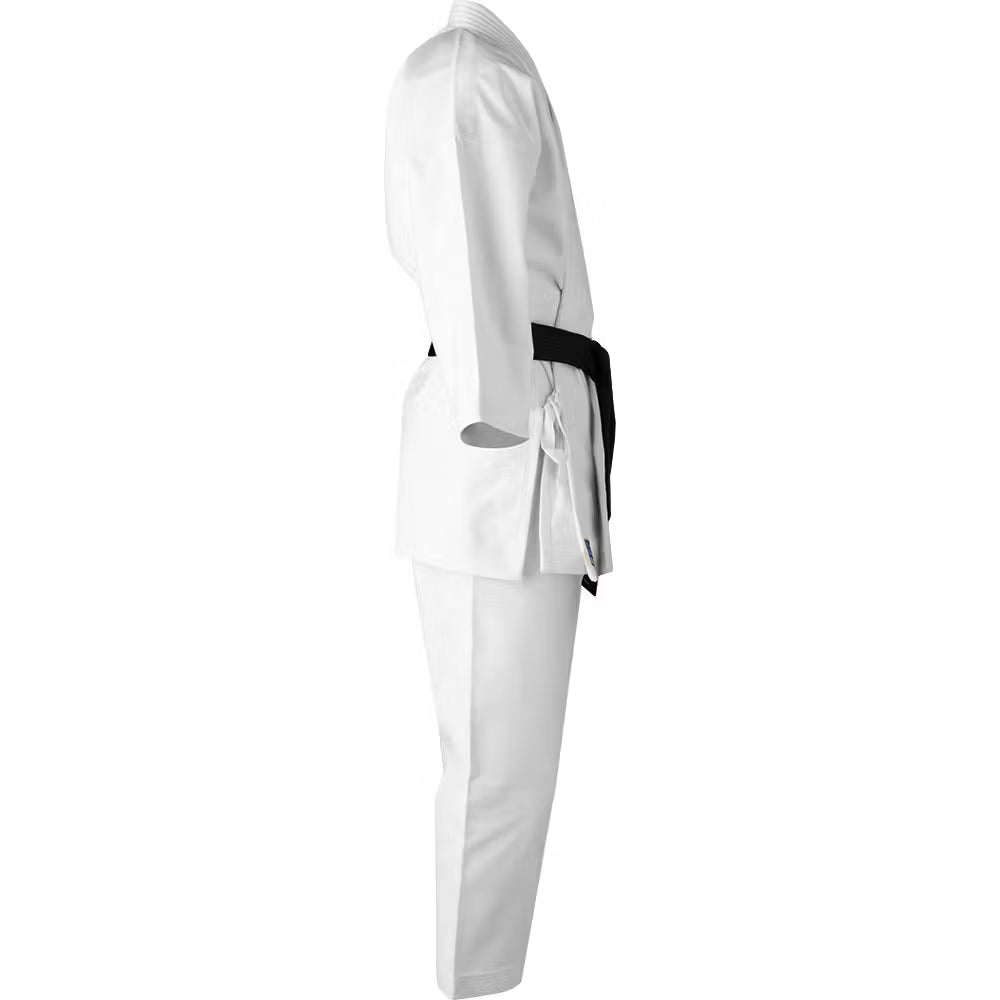 Blitz Kids Odachi Kata Karate Gi, 14oz, side view showing white martial arts uniform with reinforced stitching for children.