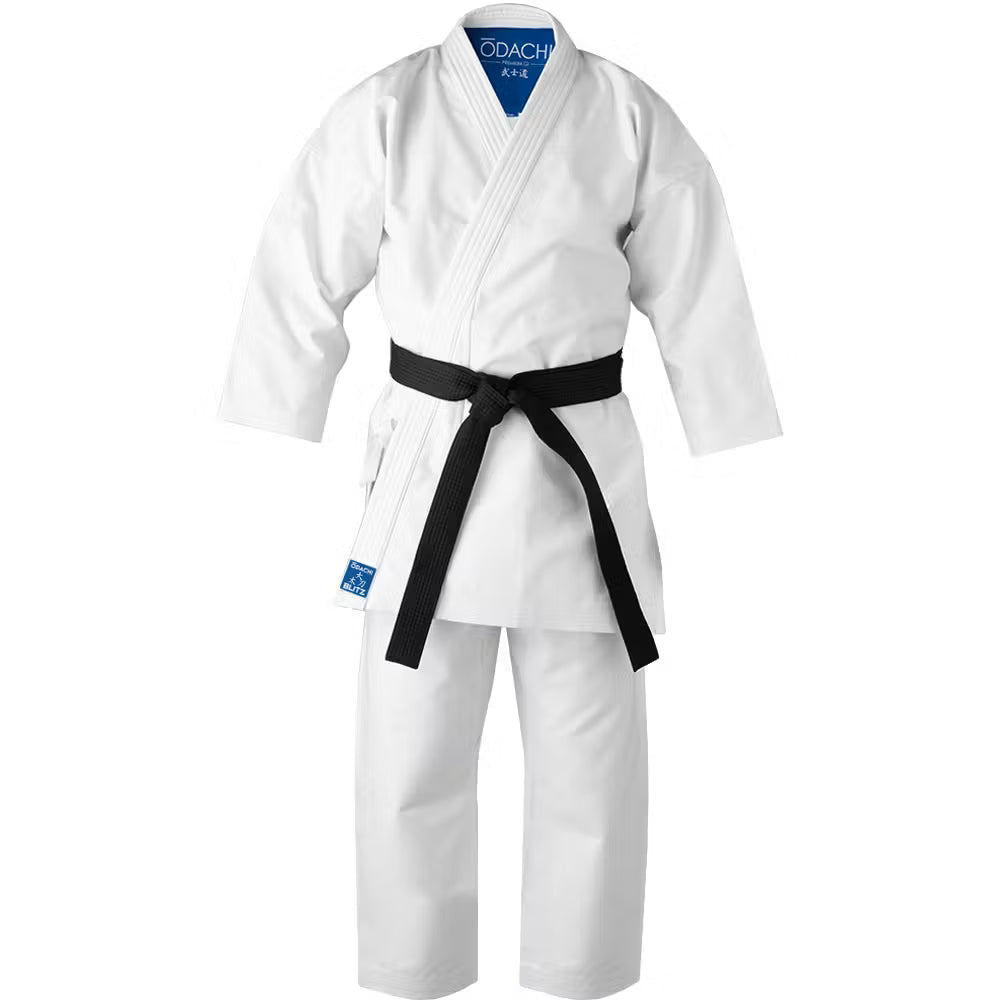 Blitz Kids Odachi Kata Karate Gi 14oz, martial arts uniform for children with white top and matching pants, lightweight and durable.