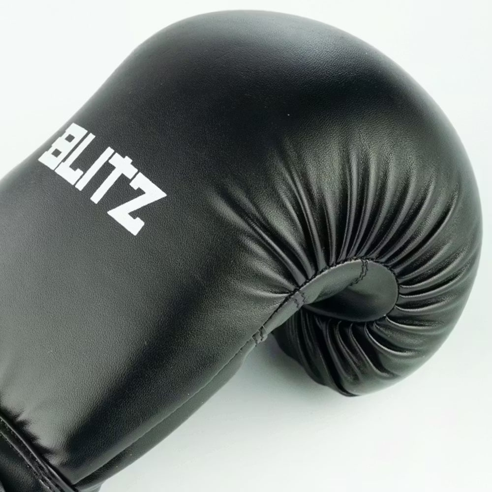 Black Blitz Kids Omega boxing gloves for youth training, padded gloves with secure wrist straps for boxing practice.