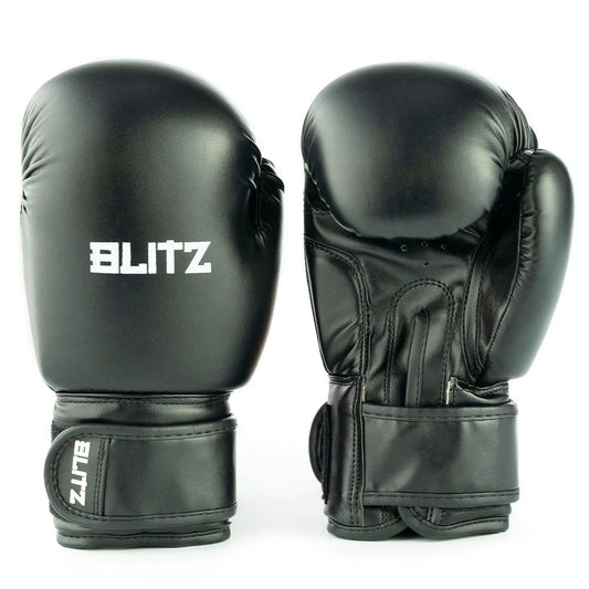 Black Blitz Kids Omega boxing gloves for youth training, with padded design and adjustable wrist straps for a secure fit.
