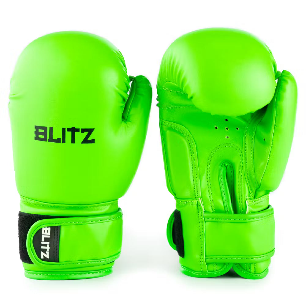 Neon green Blitz Kids Omega boxing gloves for youth training, padded gloves with adjustable wrist straps for safe boxing practice.