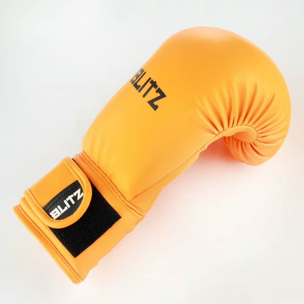 Neon orange Blitz Kids Omega boxing gloves for youth training, padded boxing gloves designed for young fighters.