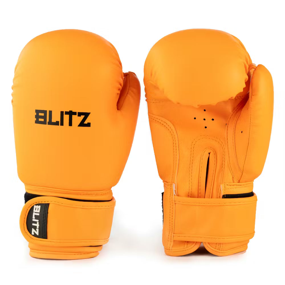Neon orange Blitz Kids Omega youth boxing gloves with padded wrist support and adjustable straps for training and sparring.
