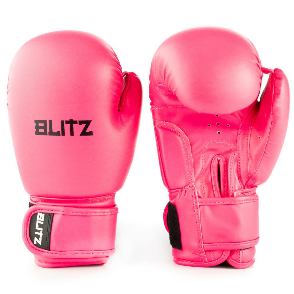 Neon pink Blitz Kids Omega boxing gloves for youth training, padded gloves with adjustable wrist straps for kids' boxing practice.