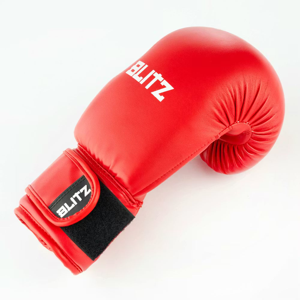 Red Blitz Kids Omega boxing gloves for youth training, featuring padded design and adjustable straps for young boxers.