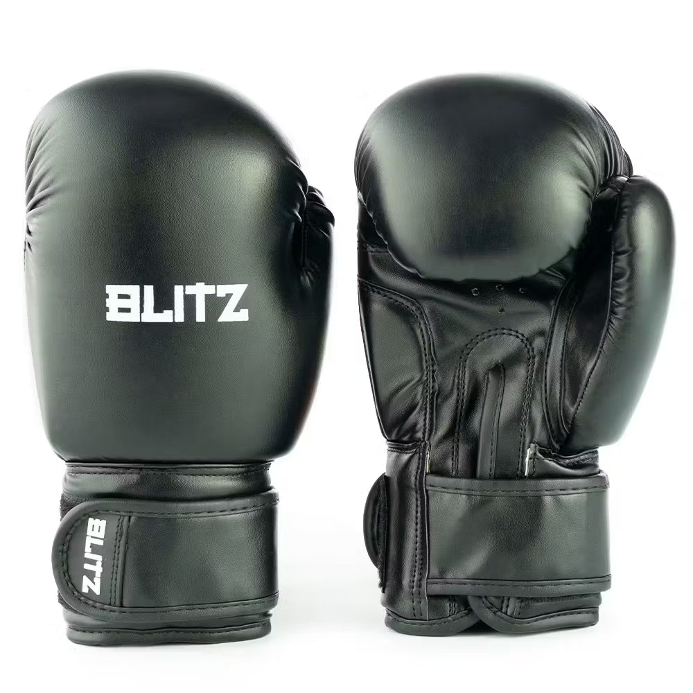 Blitz Kids Omega boxing gloves for youth training, black and red padded boxing gloves with adjustable wrist straps.