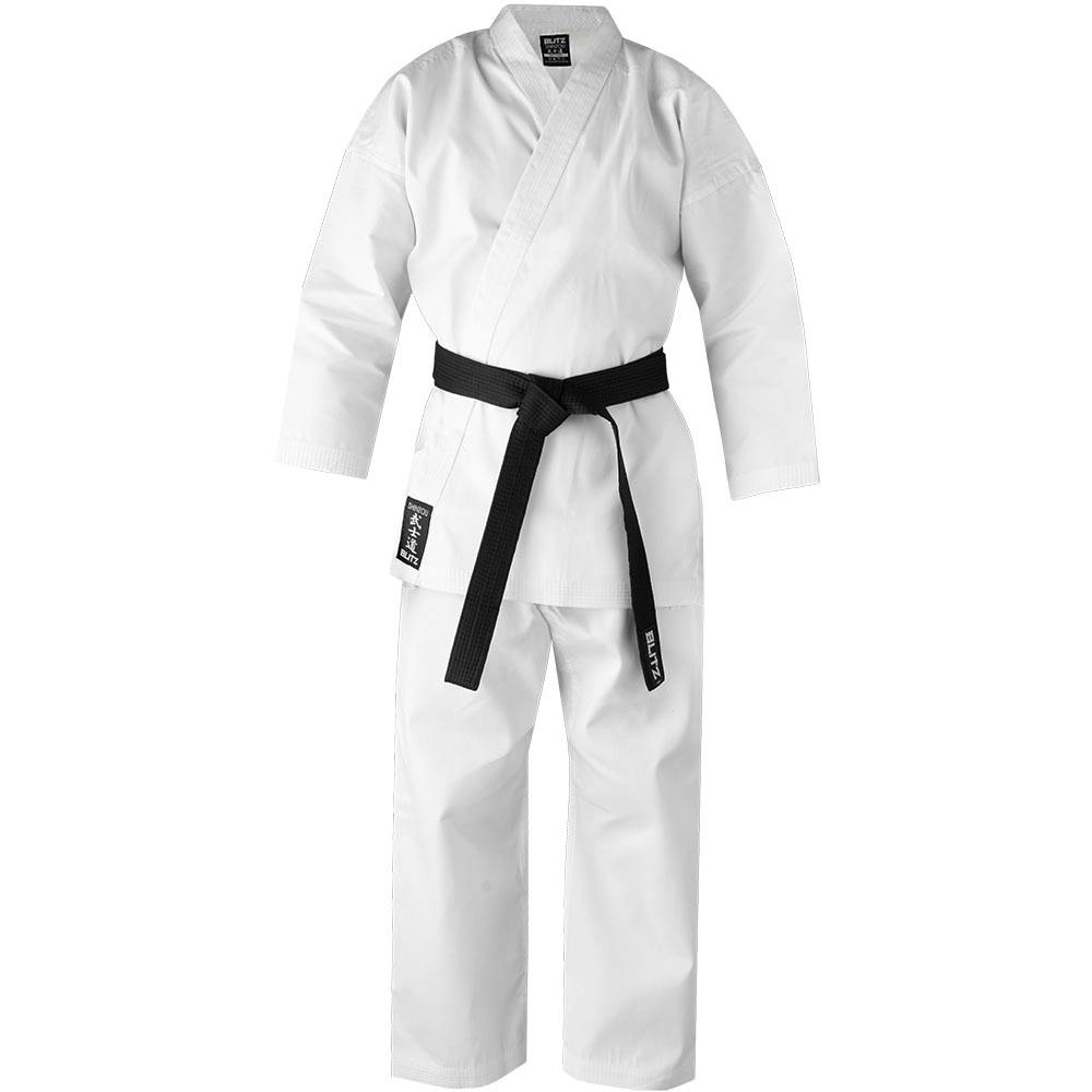 White Blitz Kids Shinzou Karate Gi for youth, lightweight 8.5oz training uniform with traditional karate design and reinforced stitching.