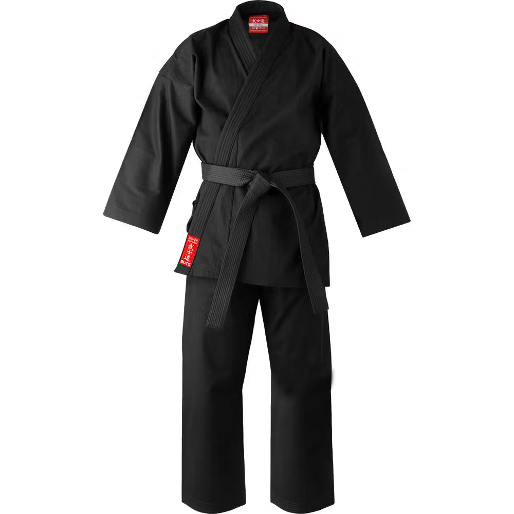 Blitz Kids Silver Tournament Karate Gi for youth, 14oz, black uniform with traditional karate suit design.