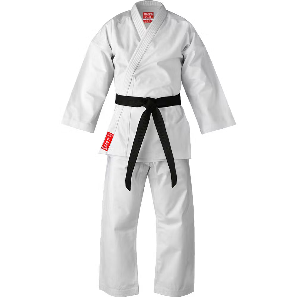 Blitz Kids Silver Tournament Karate Gi, 14oz youth competition suit with white fabric and reinforced stitching for martial arts training.