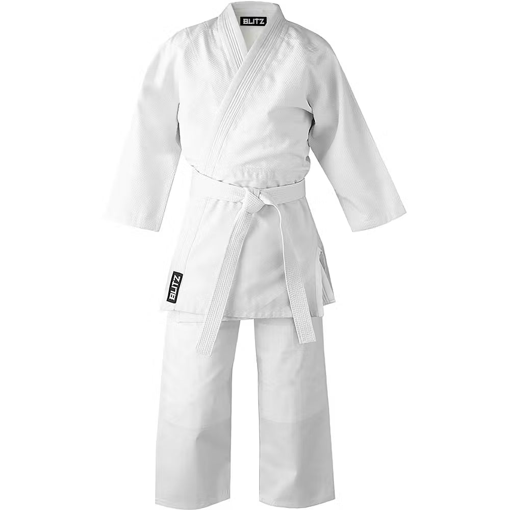 White Blitz Kids Student Judo Gi made of 350g fabric, youth training suit with traditional judo design and reinforced stitching.