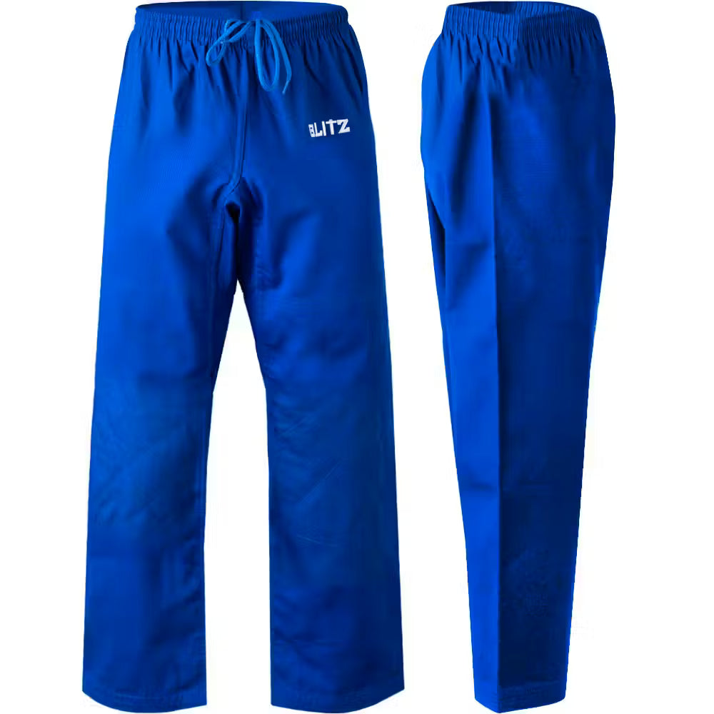 Blue Blitz Kids student judo trousers for youth training, lightweight martial arts pants with an elastic waistband and reinforced knees.