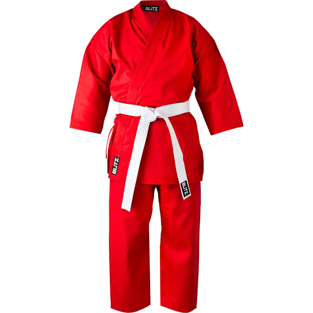 Red Blitz Kids student karate gi, 7oz youth training suit with traditional uniform design for beginner martial arts practice.