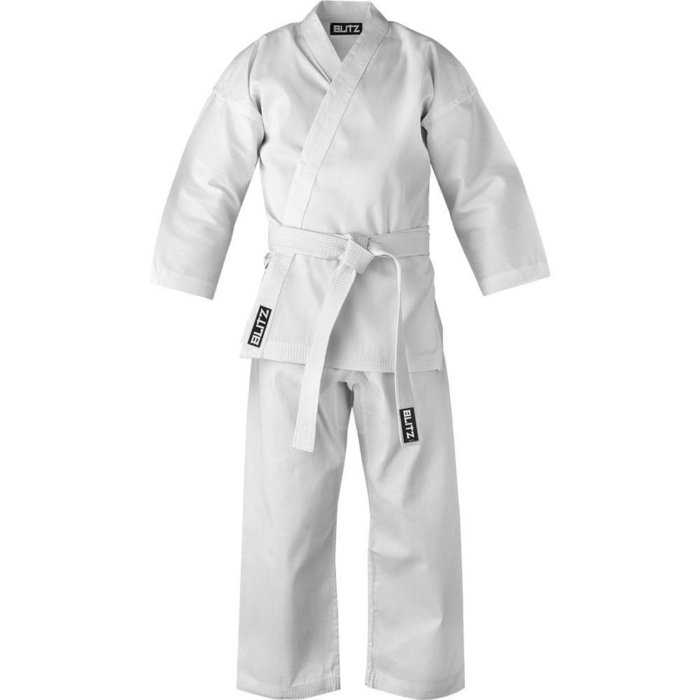 White Blitz Kids Student Karate Gi for youth beginners, lightweight 7oz training suit with traditional design and clean appearance.