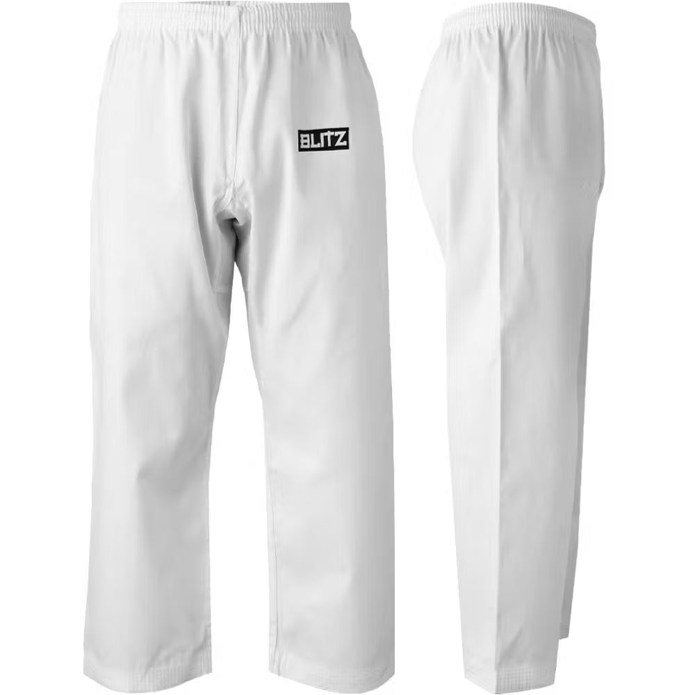 White Blitz Kids student martial arts trousers for youth karate and taekwondo, 7oz lightweight training pants.