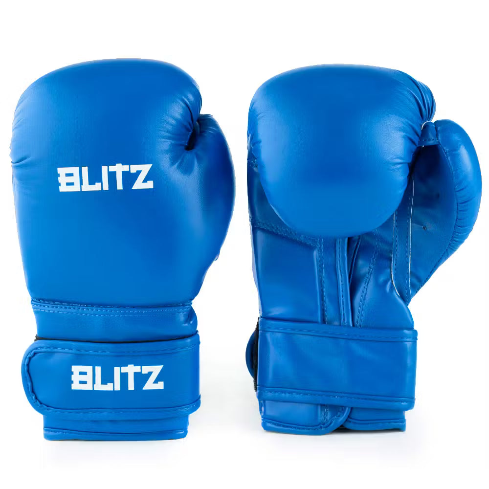 Blue Blitz Kids training boxing gloves with padded wrists and adjustable straps, designed for youth boxing training.
