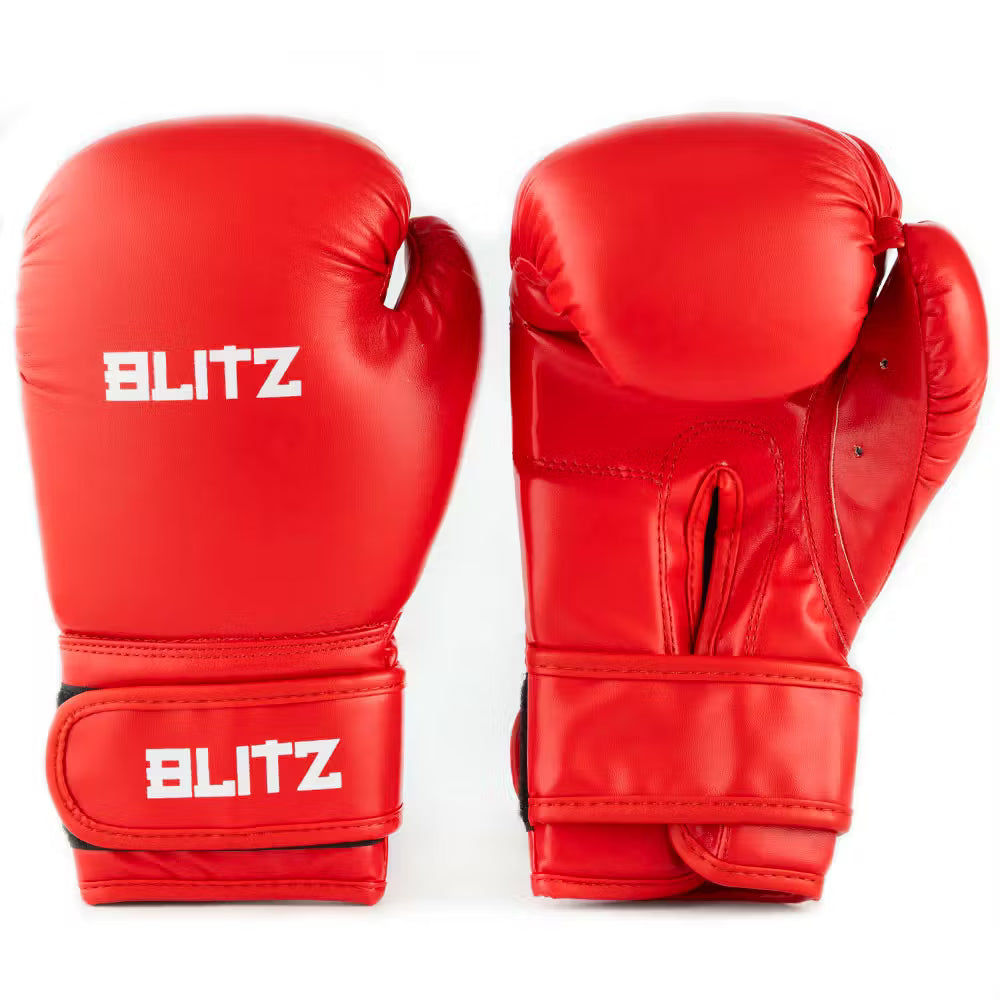 Red Blitz Kids training boxing gloves with padded palms and adjustable straps for youth boxing practice.