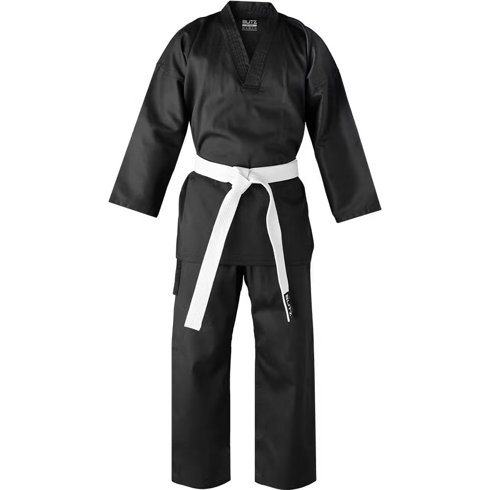 Black Blitz Kids V-Neck Martial Arts Gi for youth Taekwondo training, lightweight 7oz dobok uniform with V-neck design.