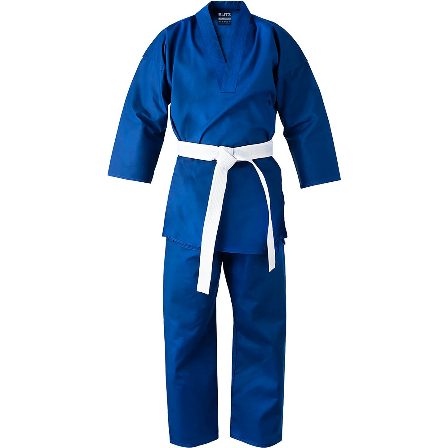 Blue Blitz Kids V-neck martial arts gi for youth, lightweight 7oz Taekwondo training uniform with reinforced stitching.
