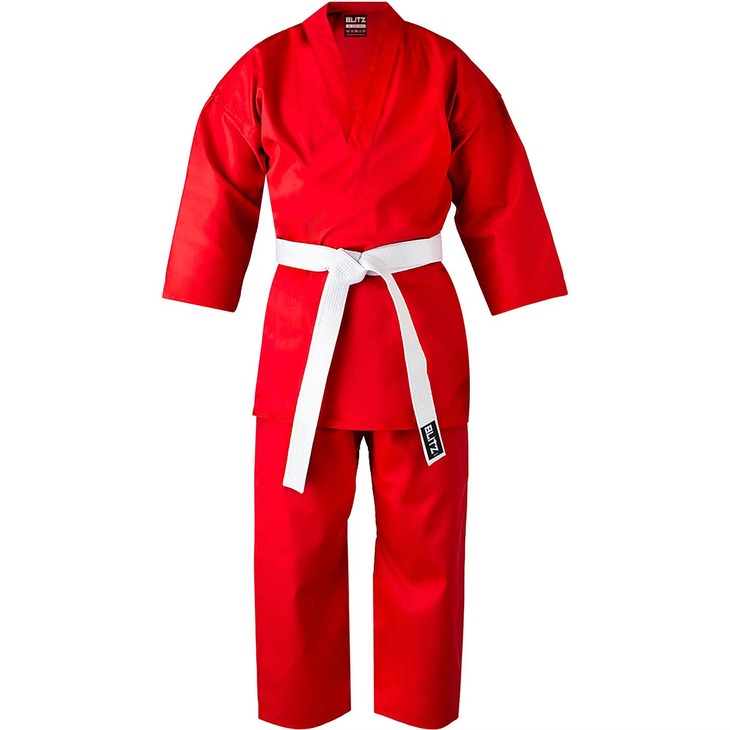 Red Blitz Kids V-Neck Martial Arts Gi for youth Taekwondo training, 7oz durable fabric, featuring traditional design and reinforced stitching.