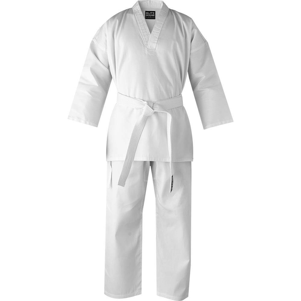 White Blitz Kids V-Neck Martial Arts Gi for youth, lightweight 7oz Taekwondo training suit with reinforced stitching.