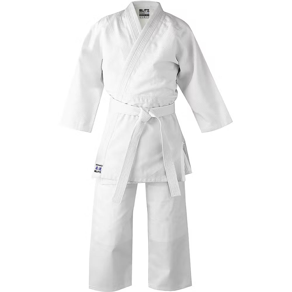 White Blitz Kihaku Judo Gi made of 650g fabric, featuring a traditional design and reinforced stitching for martial arts practice.