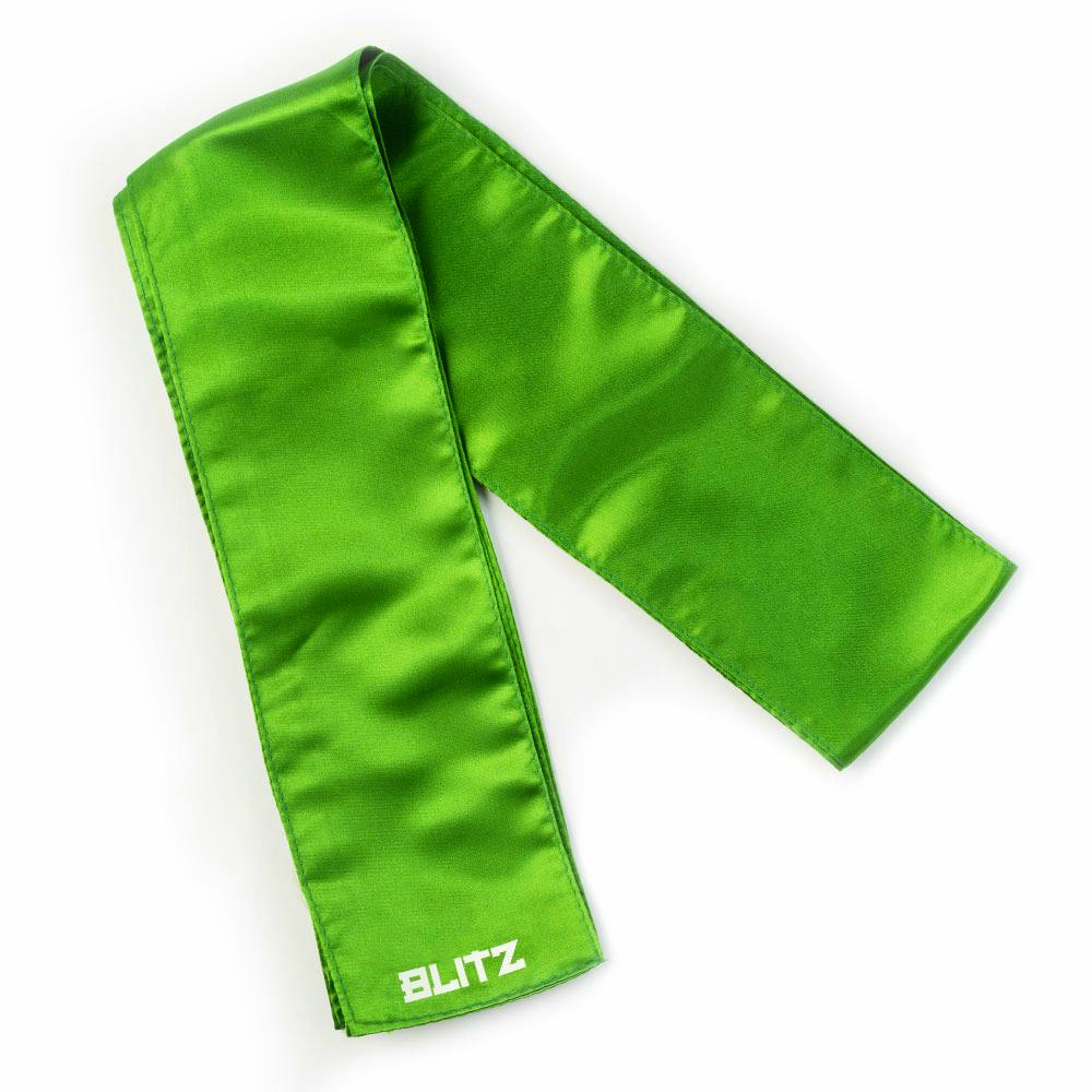 Green Blitz Kung Fu sash displayed on a white background, showcasing a traditional martial arts belt for training and competitions.