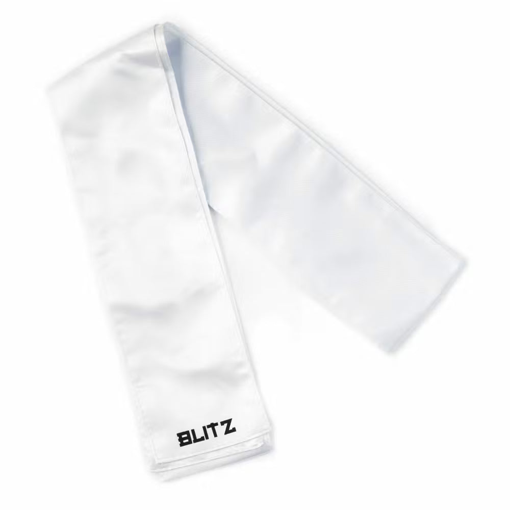 White Blitz Kung Fu sash, traditional martial arts belt with woven fabric and tie closure, used for training and competitions.