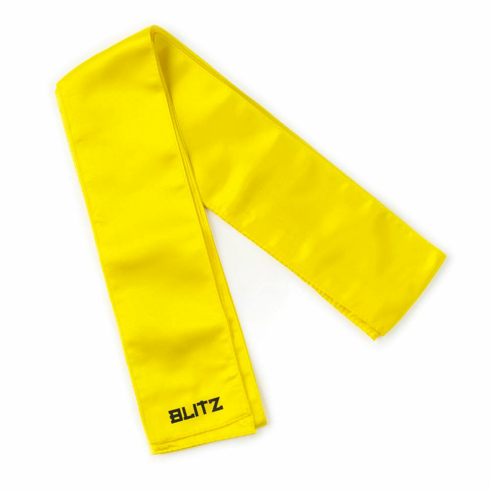 Yellow Blitz Kung Fu sash with black tie, traditional martial arts belt, made of durable fabric for martial arts training.