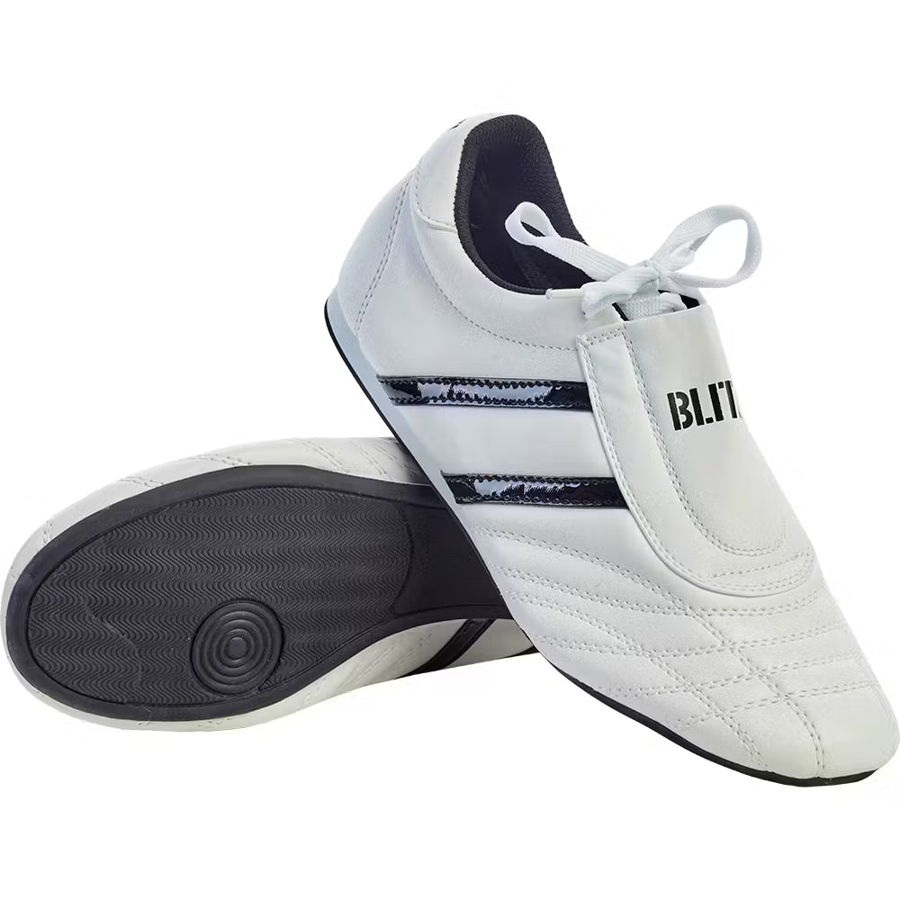 White and black Blitz martial arts training shoes with breathable fabric and flexible soles for optimal performance.