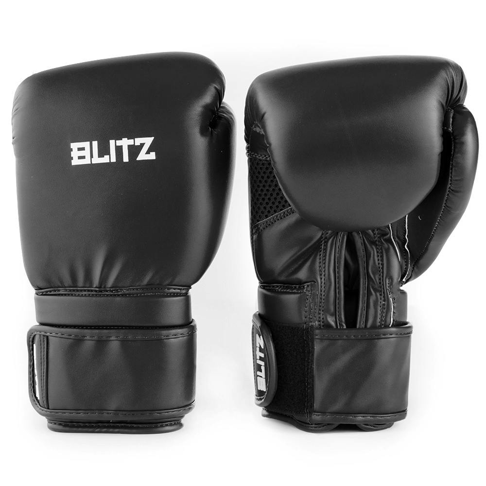 Black Blitz Omega Boxing Gloves, premium training gloves with padded design, ideal for boxing workouts and training sessions.