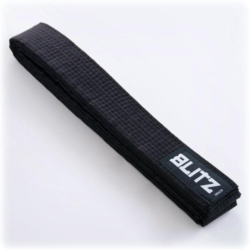 Black Blitz martial arts grading belt made of plain colored fabric, designed for martial arts training and competitions.