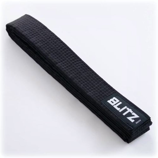 Black Blitz martial arts grading belt made of plain colored fabric, designed for training and competitions.