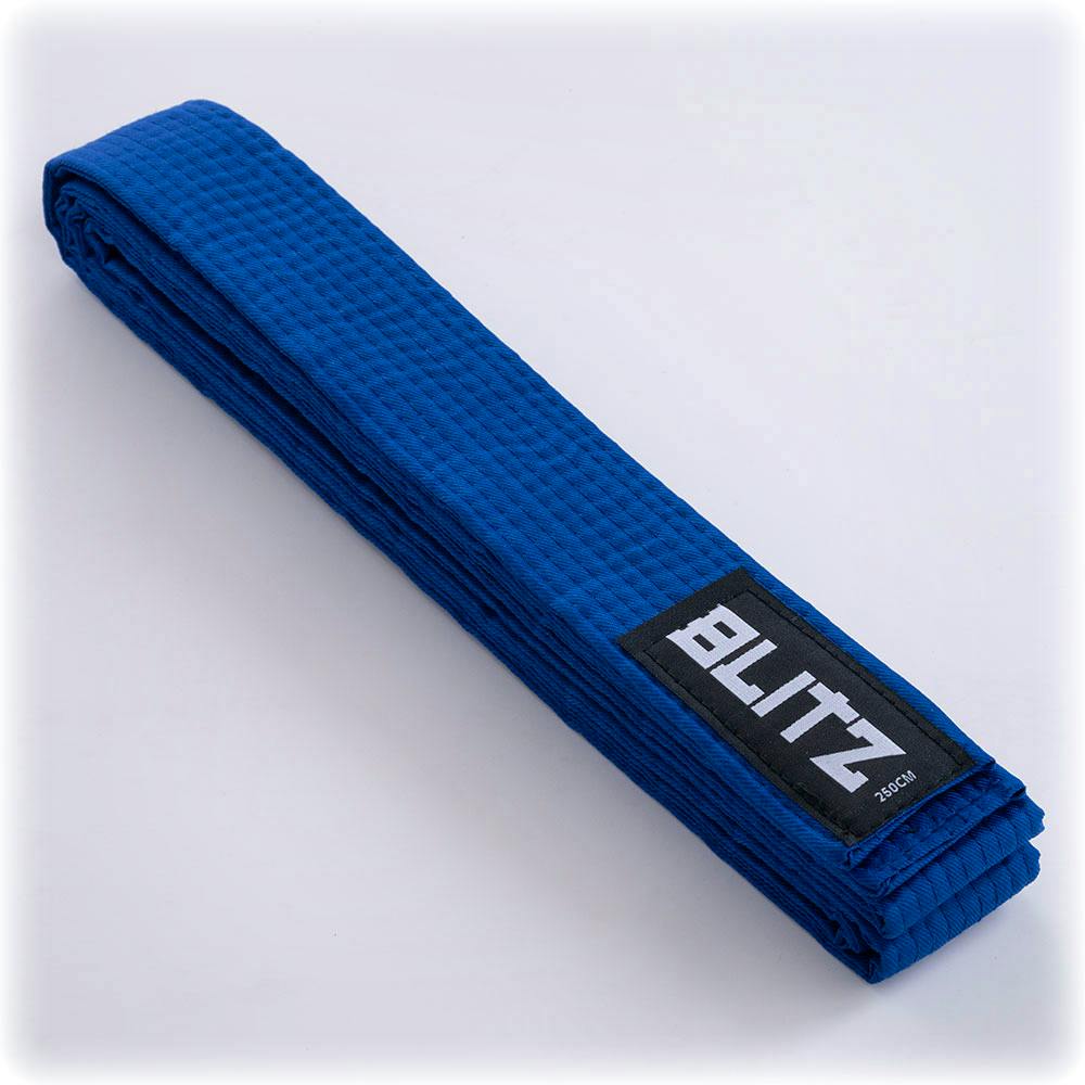 Blue Blitz plain martial arts belt made of durable fabric, shown folded with clean stitching and smooth texture.