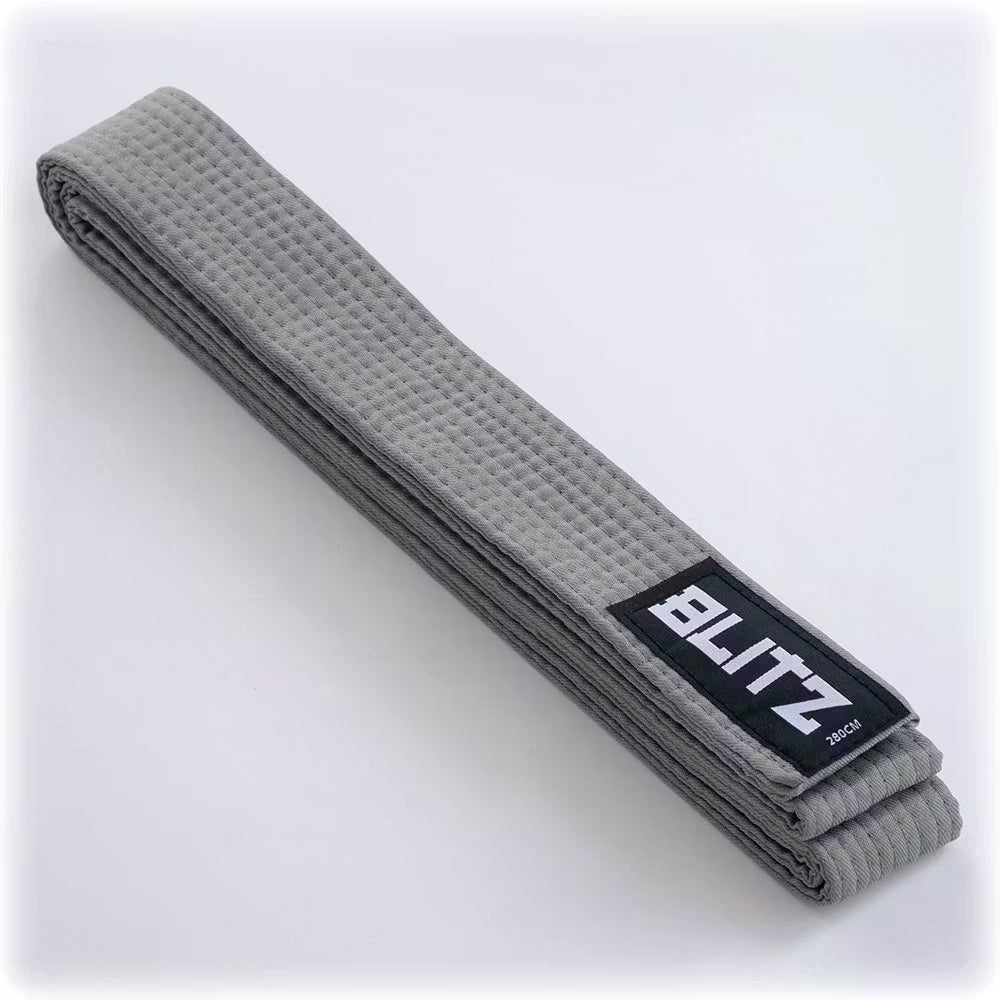Grey Blitz plain coloured martial arts grading belt, traditional fabric belt with stitched edges for martial arts training and competitions.