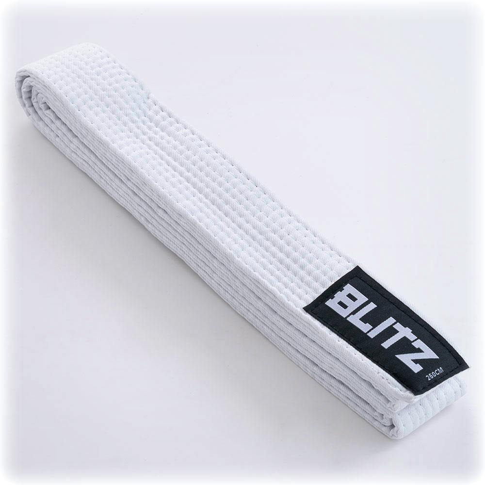 White Blitz martial arts grading belt made of plain woven fabric, designed for martial arts training and competitions.