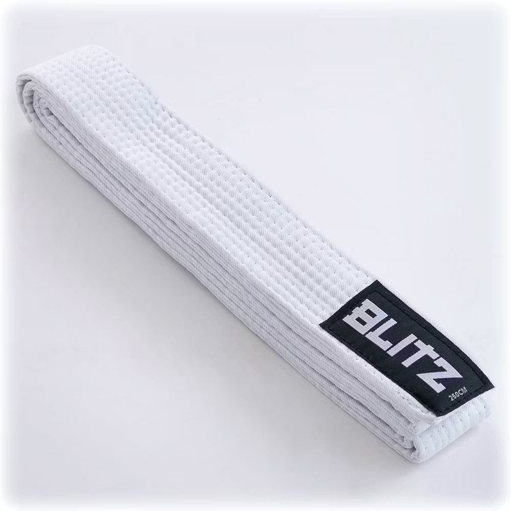 White Blitz plain colored martial arts belt with black stitching, displayed flat on a white background.