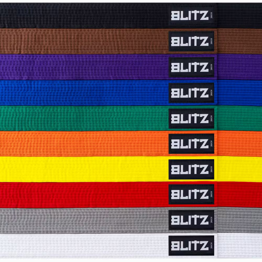 Blitz plain coloured martial arts grading belt made of durable fabric, suitable for training and competitions.