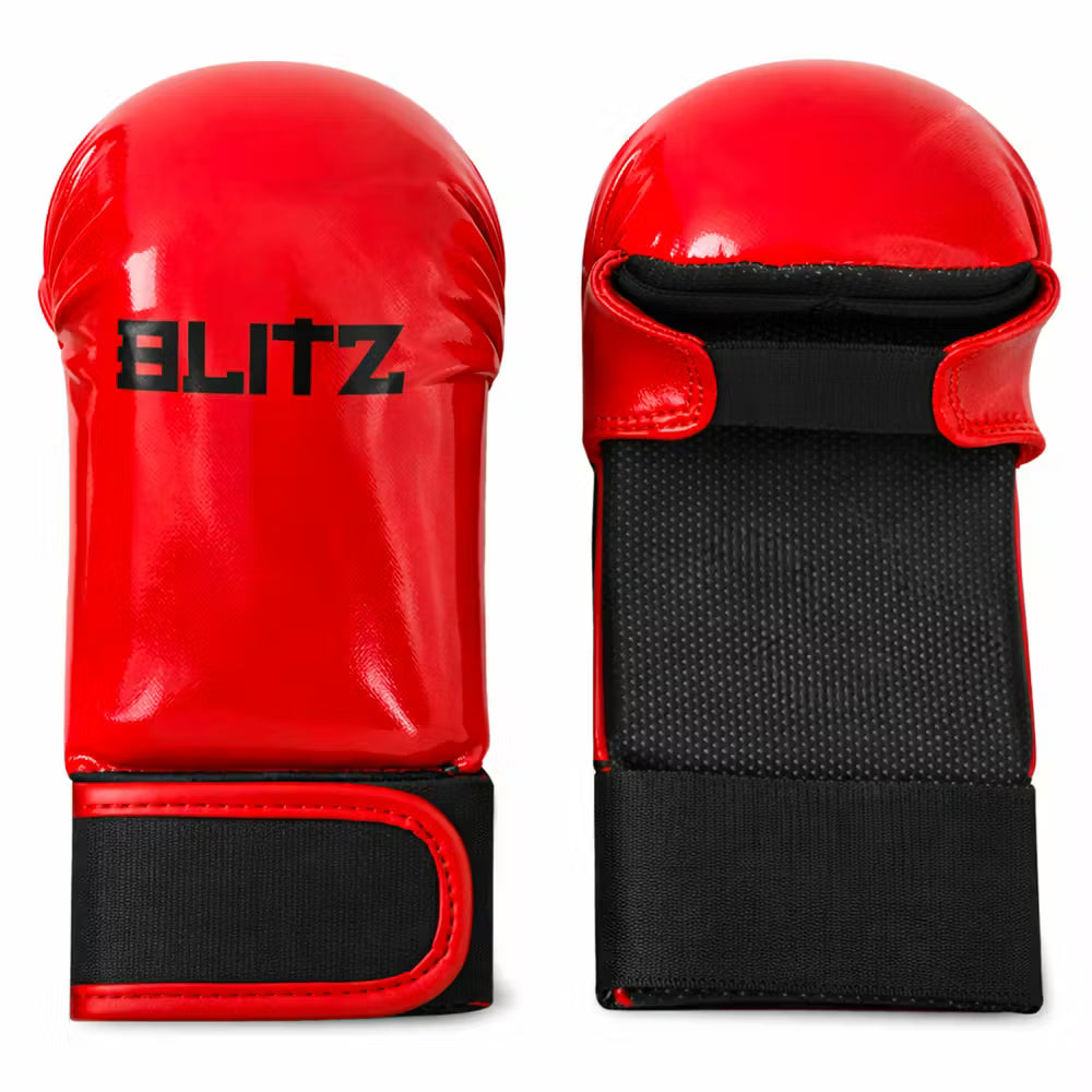 Red Blitz Pro Elite Karate gloves without thumb, lightweight martial arts mitts designed for training and combat.