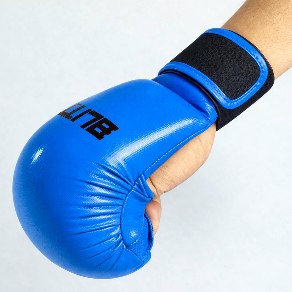 Blue Blitz Pro Elite Karate gloves without thumb, lightweight martial arts mitts for training and sparring.