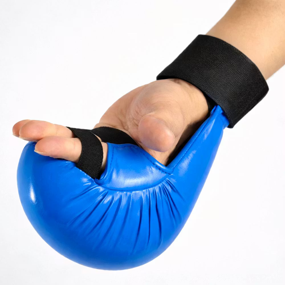 Blue Blitz Pro Elite Karate gloves without thumb, lightweight martial arts mitts designed for training and sparring purposes.