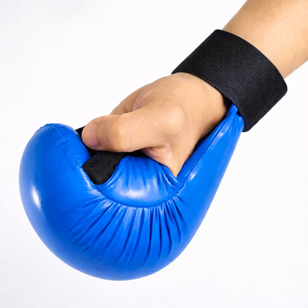 Blue Blitz Pro Elite Karate gloves without thumb, lightweight training mitts for martial arts practice.