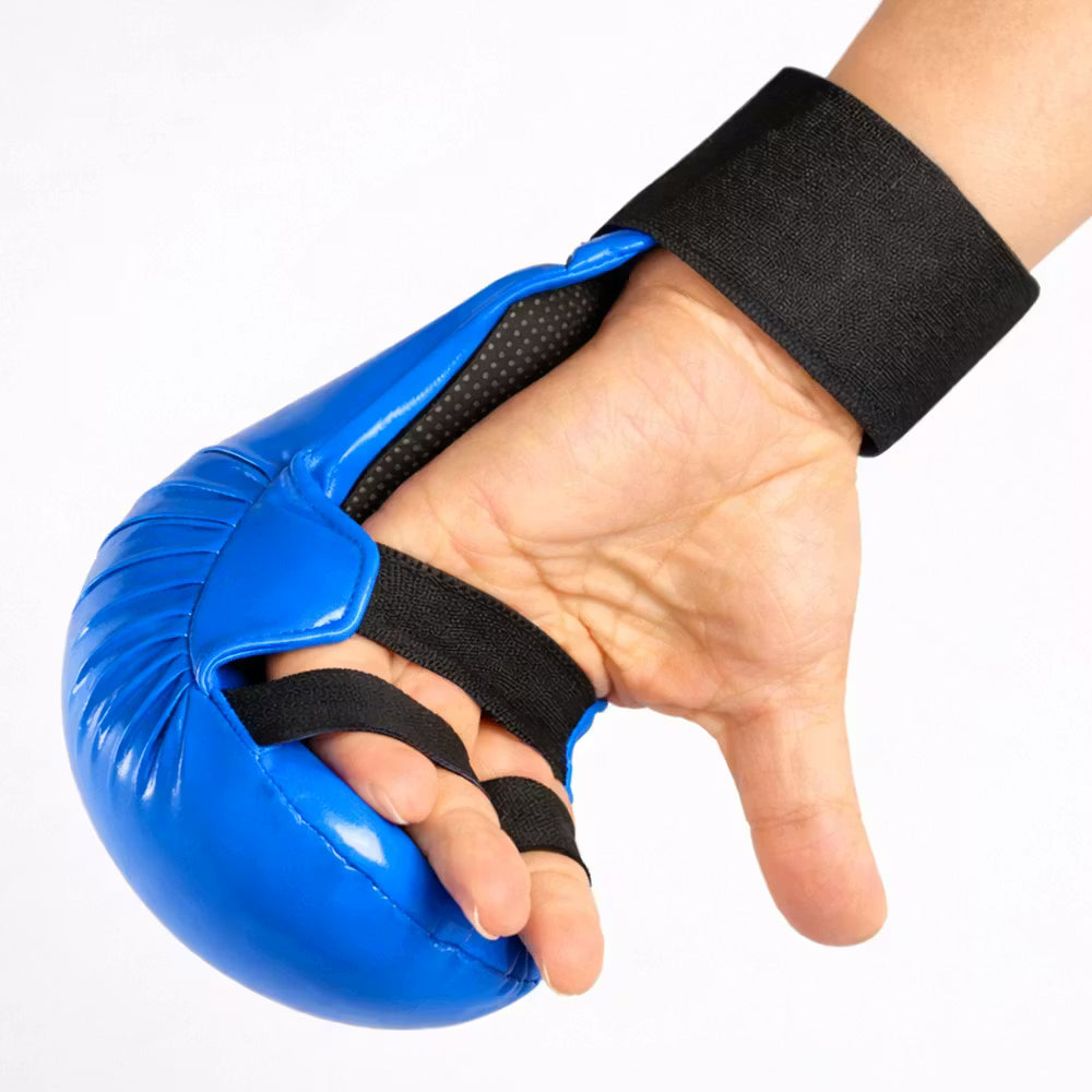 Blue Blitz Pro Elite Karate gloves without thumb, designed for martial arts training and combat protection.
