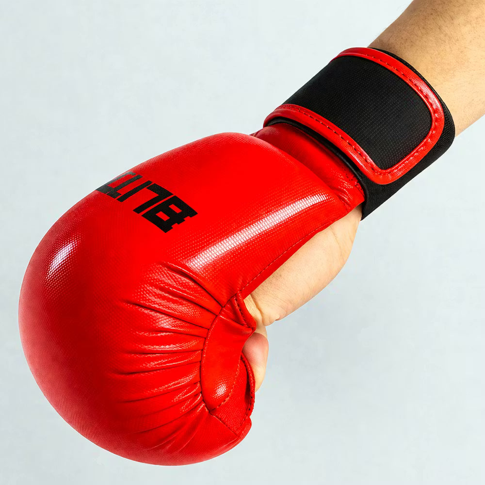 Red Blitz Pro Elite Karate gloves without thumb, providing lightweight protection and flexibility for martial arts training.