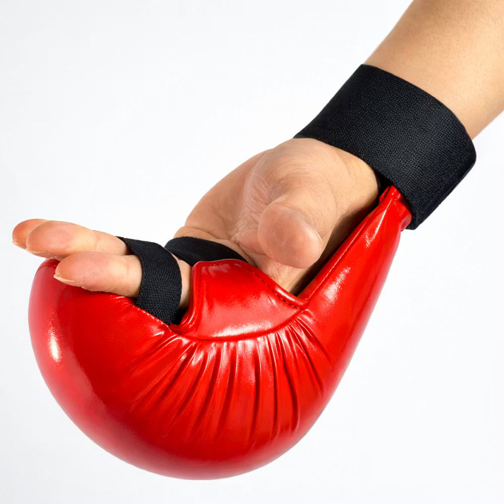 Red Blitz Pro Elite Karate gloves without thumbs, designed for martial arts training and protection.