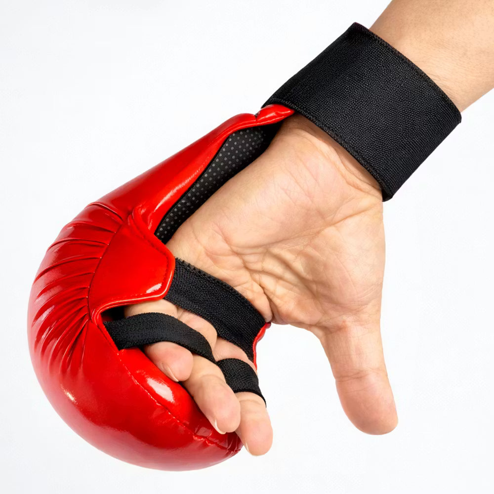 Red Blitz Pro Elite Karate gloves without thumb, lightweight martial arts mitts designed for training and combat use.