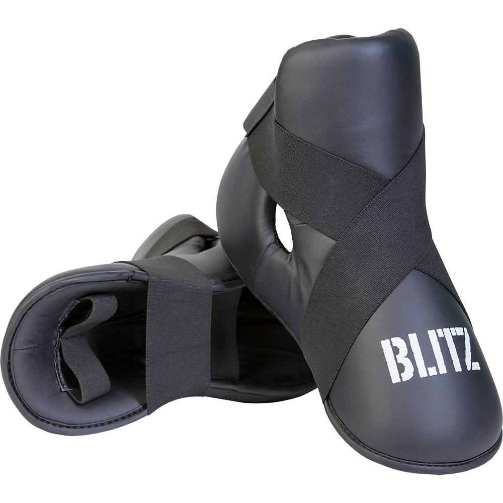 Black Blitz semi-contact foot protector, lightweight foot guard designed for martial arts training and competition.