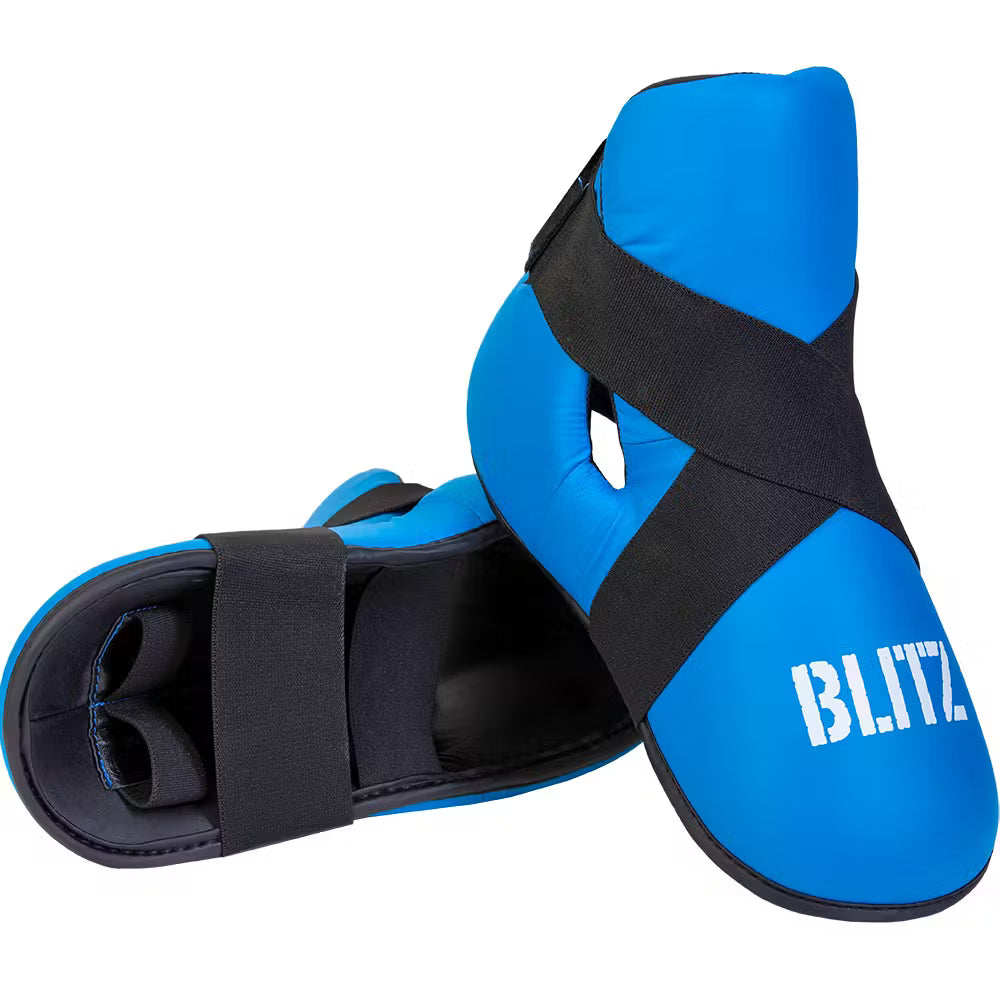 Blue Blitz semi-contact foot protector, lightweight guard designed for protection during martial arts or combat sports.