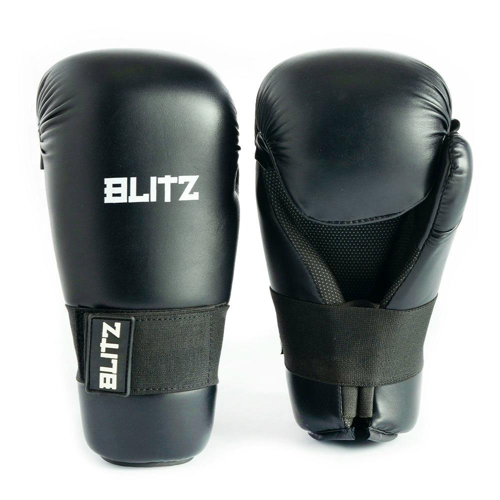 Black Blitz semi-contact open palm gloves designed for protection, featuring open palms and secure wrist straps.