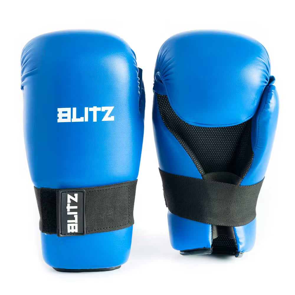 Blue Blitz semi-contact open palm gloves for protection, featuring breathable open palm design and secure wrist strap.